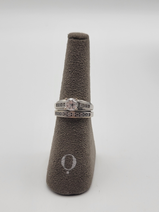 14K DQ CZ Jewelry - Vintage 14k Plumb DQ CZ White Gold Wedding Set Size 7.75